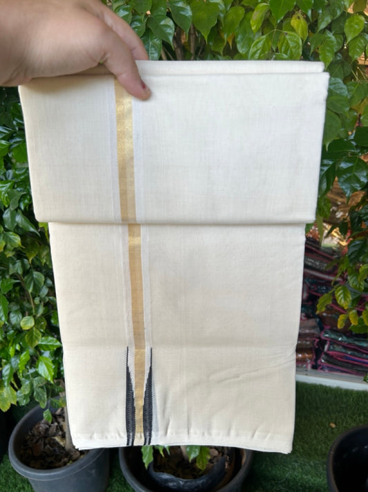 25% DISCOUNT!! KaithariKada HANDLOOM MILLPAAV Balaramapuram - 100% PURE Cotton OFF White Double - (Unbleached) Mundu/Dothi - 80X90 - 1 inch Puliyilakkara Black & Gold Kasavu chutty Kara 4 mtr (8.5 Muzham)- 52 KK5234 RAM