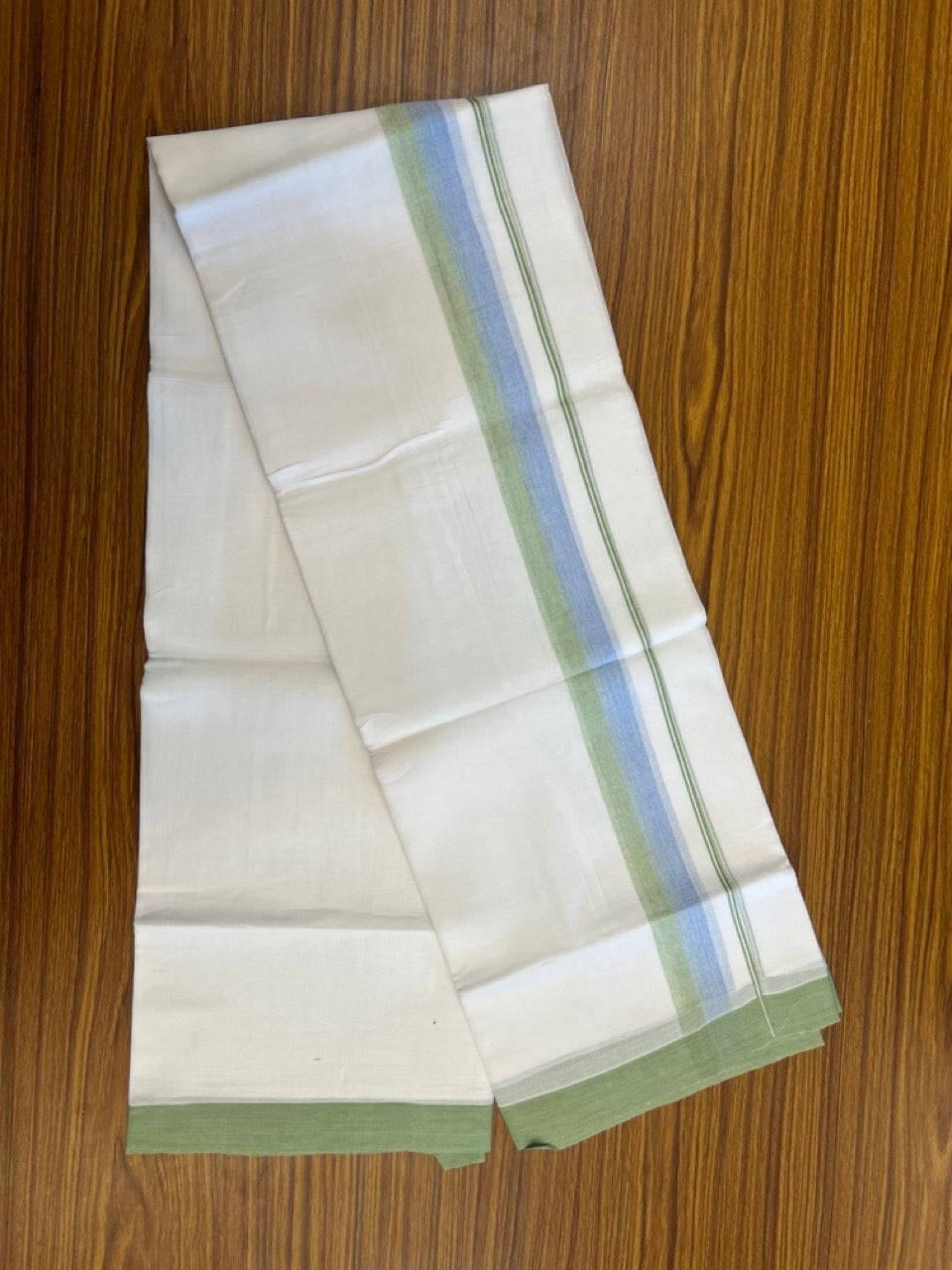 20% Discount ! Kaitharikada Balaramapuram 100% Cotton Pure White Double Mundu/Dothi - 60s - 1.5 inch Light Blue & Light Green Shaded Kara 3.80 mtr (8 muzham) - 55 KK5299 THI