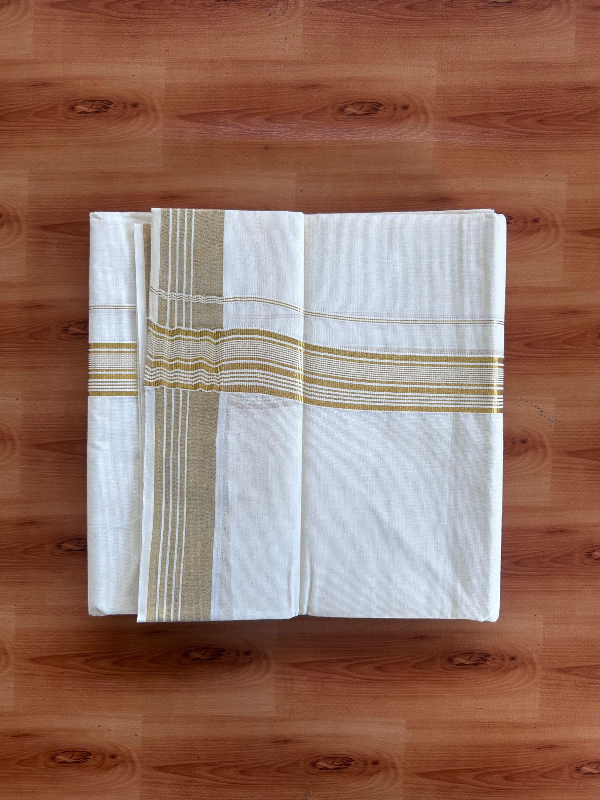 Off White (Unbleached) Double Mundu/Dhoti - 20% Discount ! KaithariKada - Mixed cotton - 80x72 - 1.5 inch Gold Kasav Striped Kara 4 mtr (8.5 muzham) - 9 KK5514 VIN