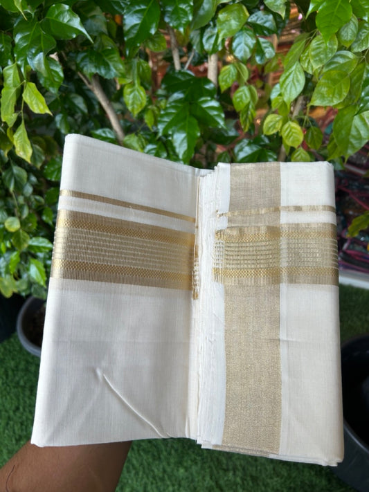 25% DISCOUNT!! KaithariKada HANDLOOM UNAKKUPAAV Balaramapuram - 100% PURE Cotton OFF White Double - (Unbleached) Mundu/Dothi - 80x90 - 2.25 inch Light Kasav stripes Kara - 46 KK5234 RAM
