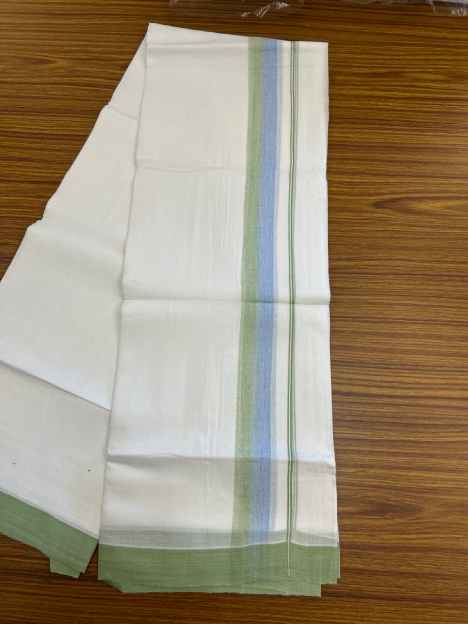 20% Discount ! Kaitharikada Balaramapuram 100% Cotton Pure White Double Mundu/Dothi - 60s - 1.5 inch Light Blue & Light Green Shaded Kara 3.80 mtr (8 muzham) - 55 KK5299 THI