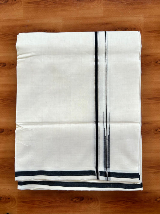 Double Off White - (Unbleached) Mundu/Dothi- 25% Discount!! KaithariKada Handloom Unakkupaav - Kerala Handloom - Pure Cotton - 80X90 - 0.5 inch Puliyilakkara Silver Kasav & Black Chutty Kara 4 mtr (8.5 muzham) - 3 KK5444 YAR
