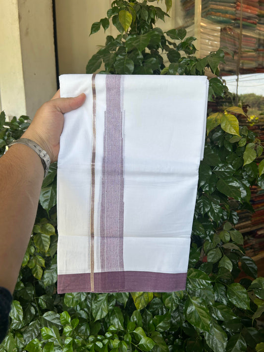 20% Discount ! KaithariKada Balaramapuram 100% Cotton Pure white Double Mundu/Dhoti - (100x80)s - 1.5 inch Silver Kasav & Grape Purple Shaded  Stripes Chutty Kara 3.90 mtr (8 muzham) - 127 KK5361 PMC