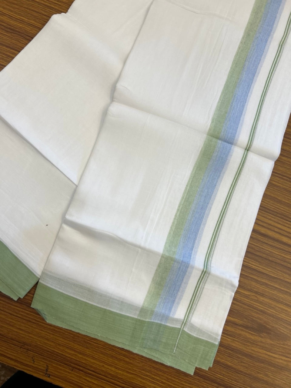 20% Discount ! Kaitharikada Balaramapuram 100% Cotton Pure White Double Mundu/Dothi - 60s - 1.5 inch Light Blue & Light Green Shaded Kara 3.80 mtr (8 muzham) - 55 KK5299 THI