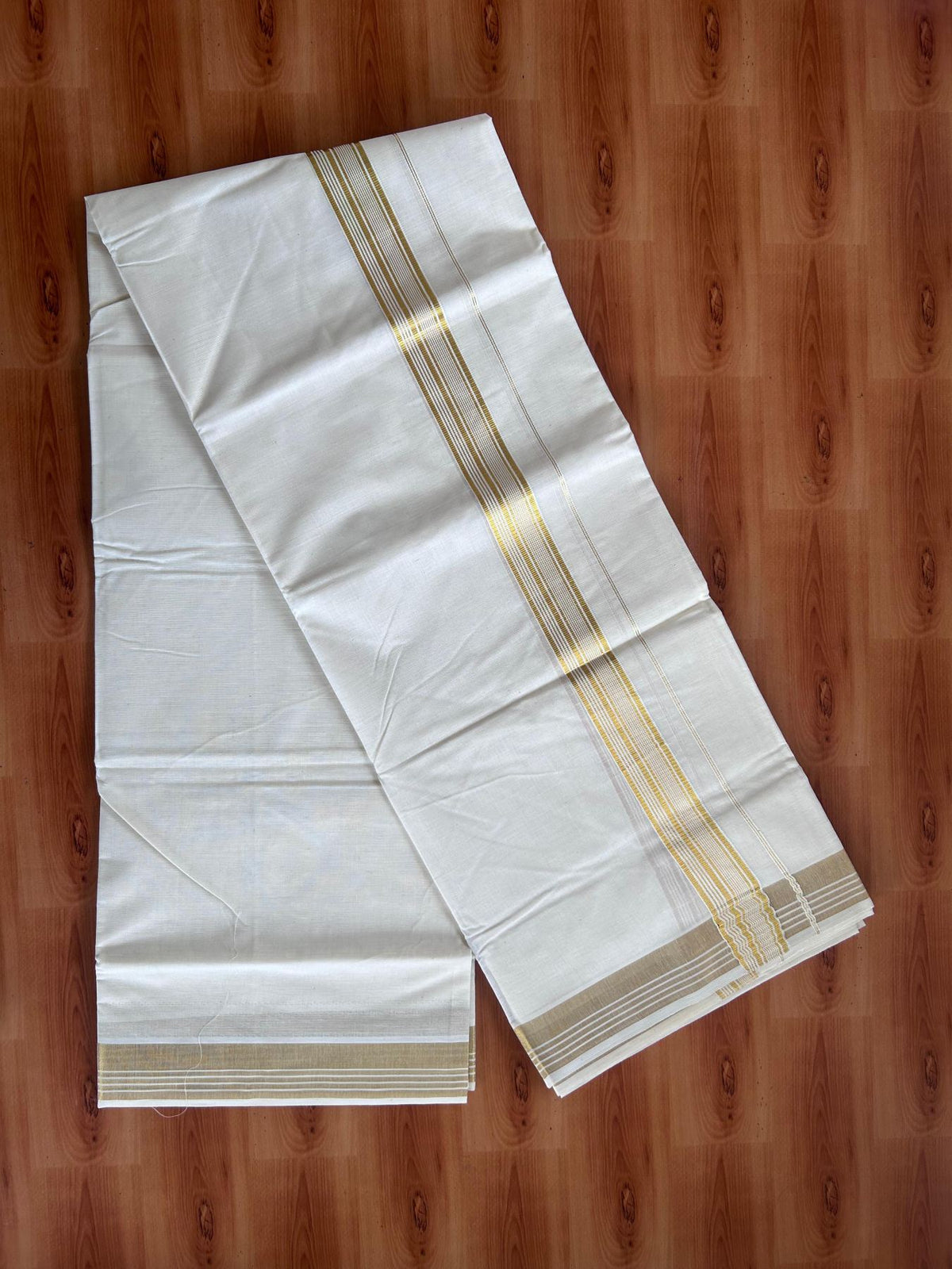 Off White (Unbleached) Double Mundu/Dhoti - 20% Discount ! KaithariKada - Mixed cotton - 80x72 - 1.5 inch Gold Kasav Striped Kara 4 mtr (8.5 muzham) - 9 KK5514 VIN