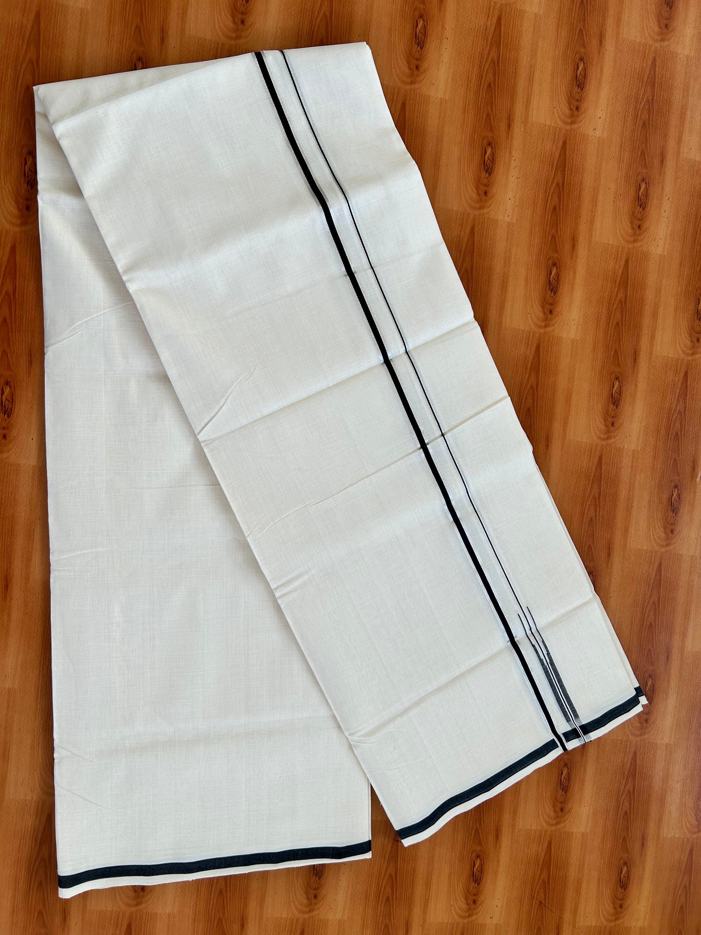 Double Off White - (Unbleached) Mundu/Dothi- 25% Discount!! KaithariKada Handloom Unakkupaav - Kerala Handloom - Pure Cotton - 80X90 - 0.5 inch Puliyilakkara Silver Kasav & Black Chutty Kara 4 mtr (8.5 muzham) - 3 KK5444 YAR