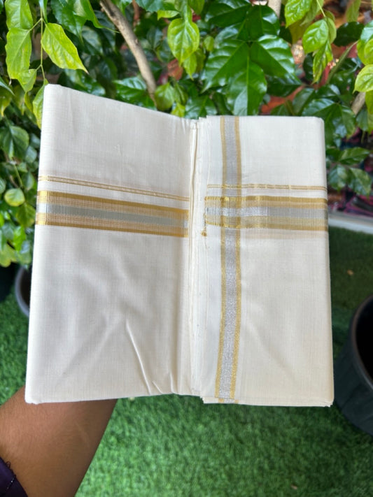 25% Discount ! KaithariKada HANDLOOM MILLPAAV Balaramapuram - 100% PURE Cotton Off White - (Unbleached) Double Mundu/Dhoti - 80X90 - 1 inch Gold Kasavu & Silver Kasavu Stripes Kara 4 mtr (8.5 muzham)- 30KK5234 RAM