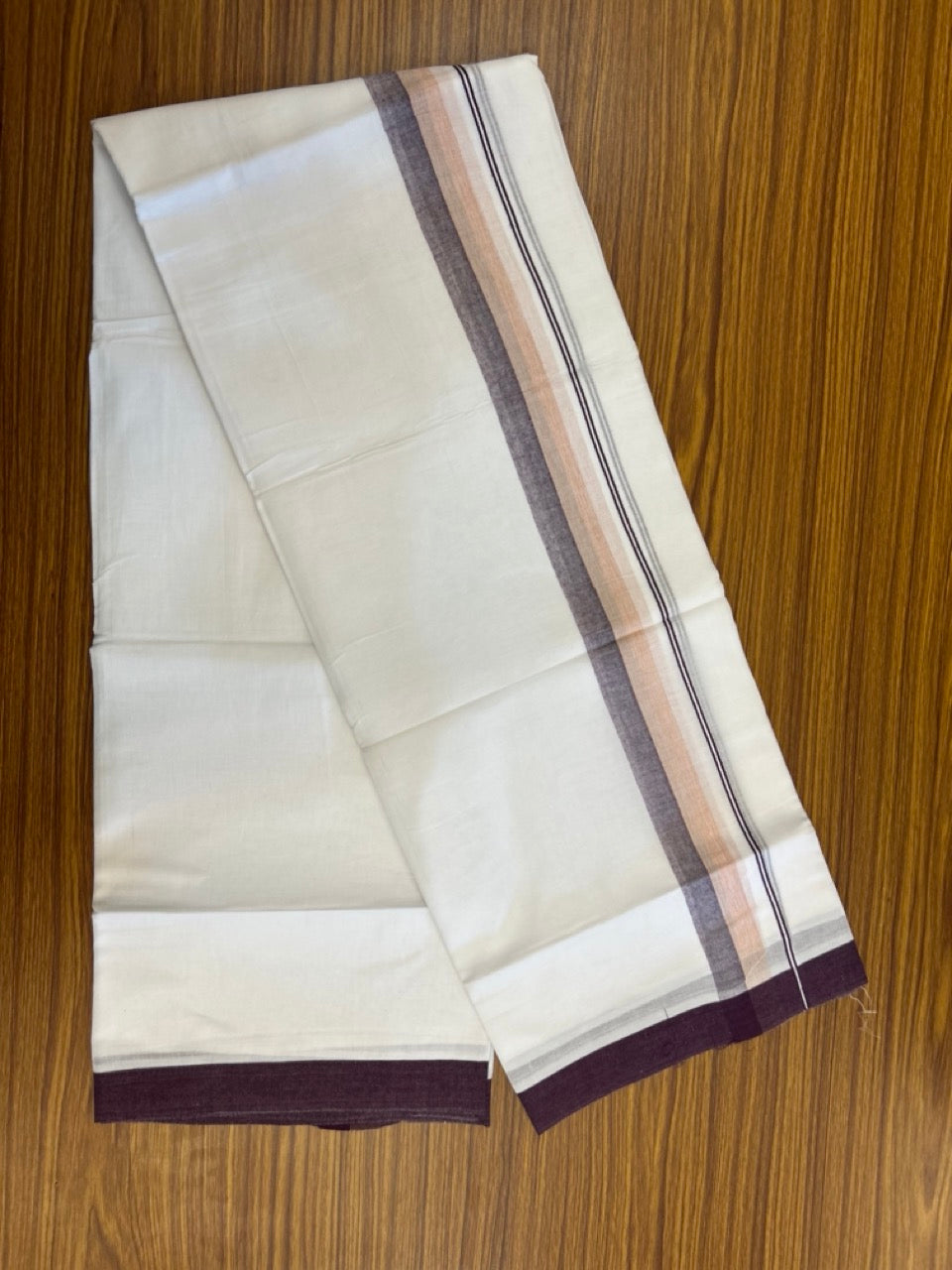 20% Discount ! Kaitharikada Balaramapuram 100% Cotton Pure White Double Mundu/Dothi - 60s - 1.5 inch Wine purple & Light Orange Shaded Kara 3.80 mtr (8 muzham) - 52 KK5299 THI