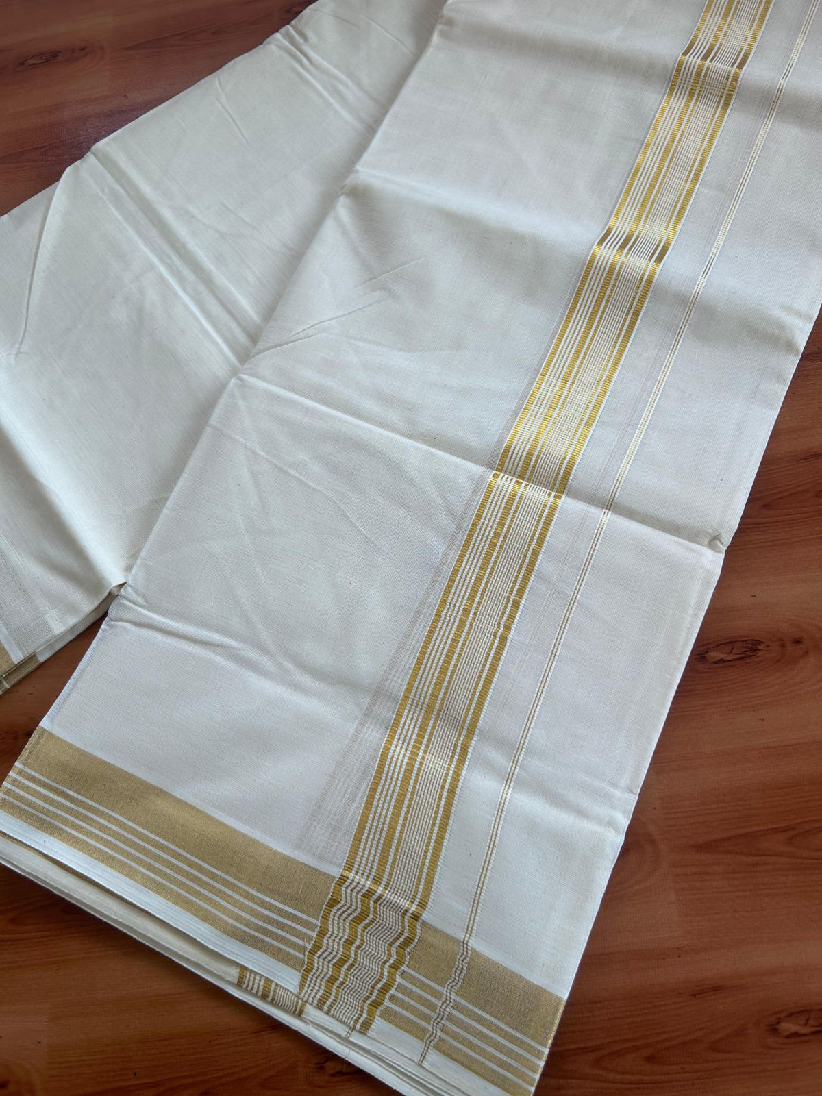 Off White (Unbleached) Double Mundu/Dhoti - 20% Discount ! KaithariKada - Mixed cotton - 80x72 - 1.5 inch Gold Kasav Striped Kara 4 mtr (8.5 muzham) - 9 KK5514 VIN