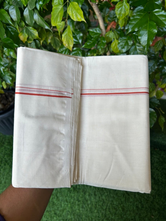 25% DISCOUNT! KaithariKada HANDLOOM Millpaav Balaramapuram - 100% PURE Cotton OFF WHITE (Unbleached) Double Mundu/Dhoti - 80X90 - 0.5 cm Orange Brown Kara 4 mtr (8.5 muzham) - 37KK5234 RAM