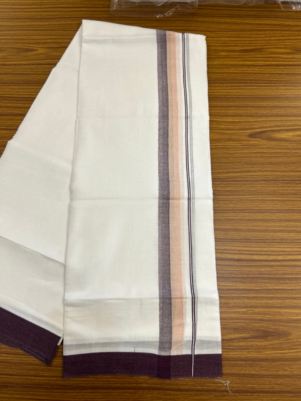 20% Discount ! Kaitharikada Balaramapuram 100% Cotton Pure White Double Mundu/Dothi - 60s - 1.5 inch Wine purple & Light Orange Shaded Kara 3.80 mtr (8 muzham) - 52 KK5299 THI