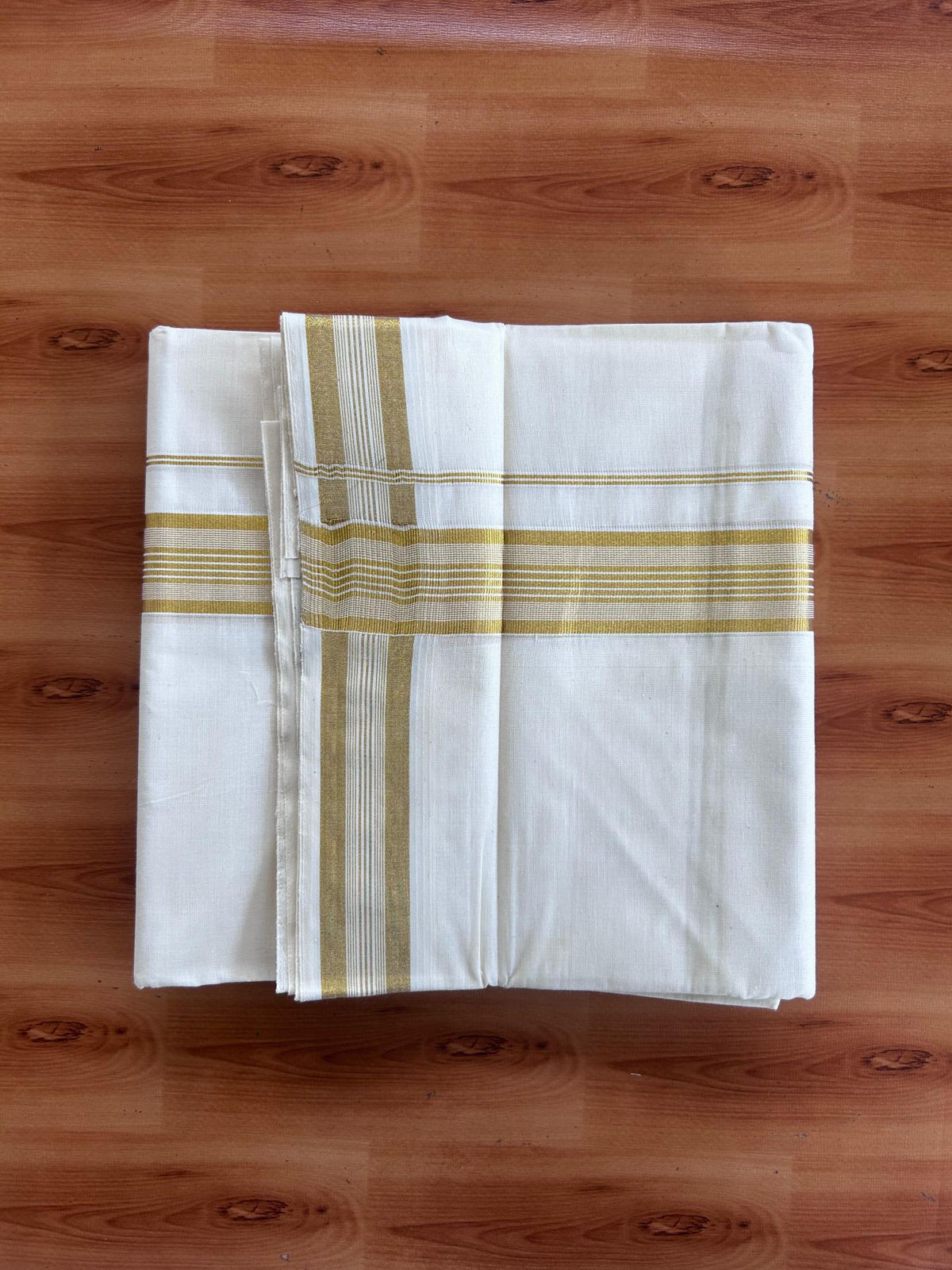 Off White (Unbleached) Double Mundu/Dhoti - 20% Discount ! KaithariKada - Mixed cotton - 80x72 - 1.5 inch Gold Kasav Striped Kara 4 mtr (8.5 muzham) - 2 KK5514 VIN