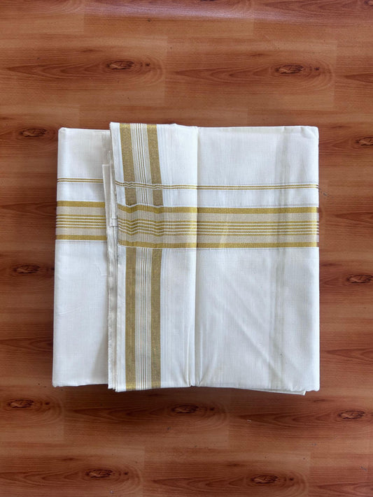 Off White (Unbleached) Double Mundu/Dhoti - 20% Discount ! KaithariKada - Mixed cotton - 80x72 - 1.5 inch Gold Kasav Striped Kara 4 mtr (8.5 muzham) - 2 KK5514 VIN