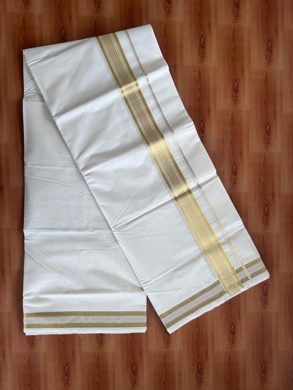 Off White (Unbleached) Double Mundu/Dhoti - 20% Discount ! KaithariKada - Mixed cotton - 80x72 - 1.5 inch Gold Kasav Striped Kara 4 mtr (8.5 muzham) - 2 KK5514 VIN