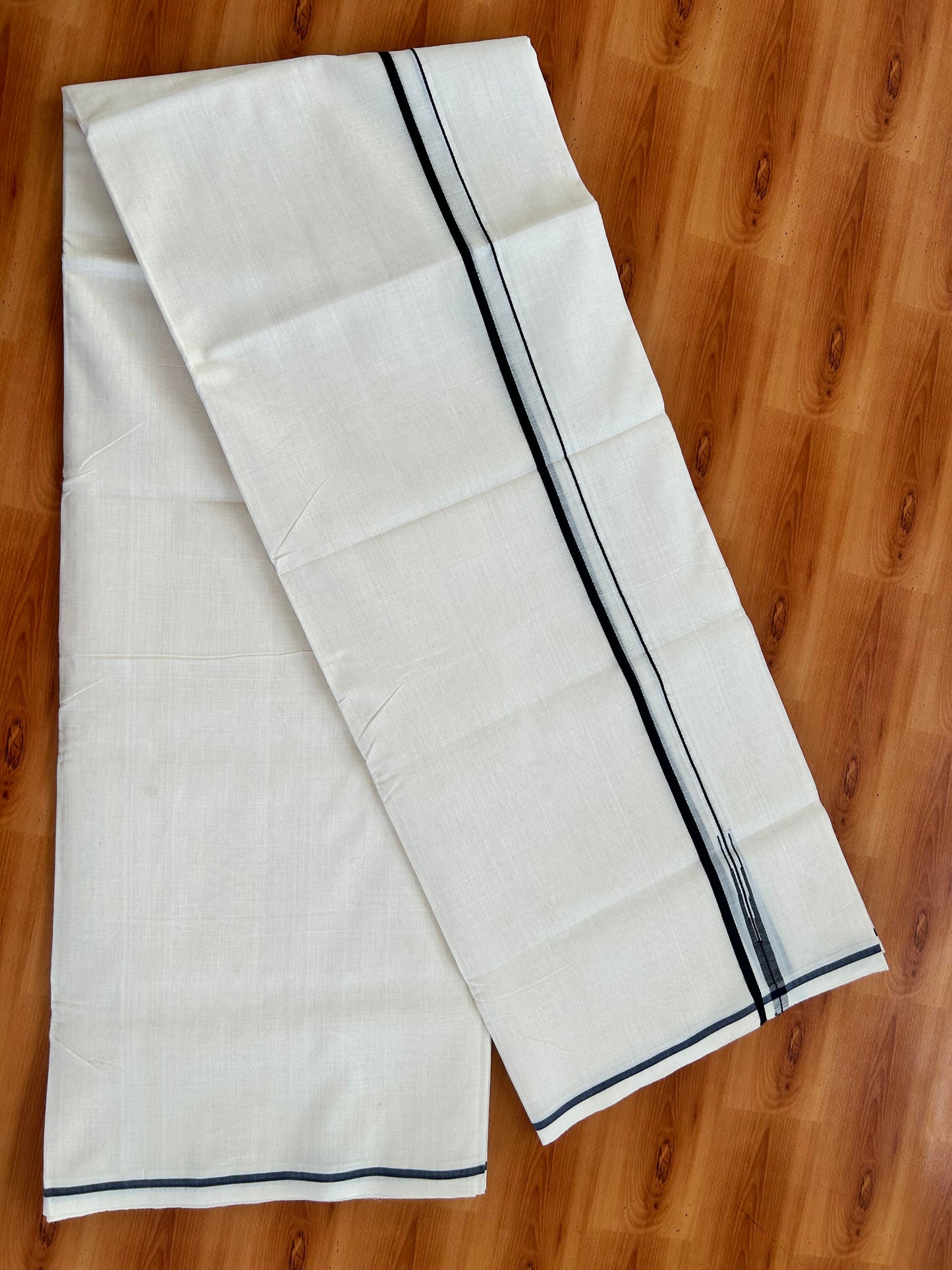 Double Off White (Unbleached) Mundu/Dhoti - 25% Discount!! KaithariKada Handloom Unakkupaav - Kerala Handloom - 100% Pure Cotton - 80x90 - 0.5 inch Black Chutty Kara 4 meter (8.5 muzham) - 15 KK5449 YAR