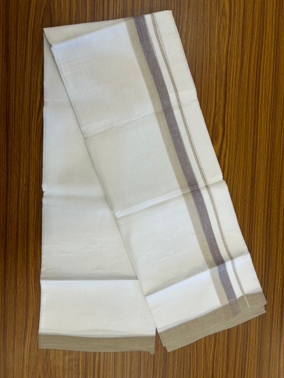 20% Discount ! Kaitharikada Balaramapuram 100% Cotton Pure White Double Mundu/Dothi - 60s - 1.5 inch Beige Brown & Wine Purple Shaded Kara 3.80 mtr (8 muzham) - 58 KK5299 THI