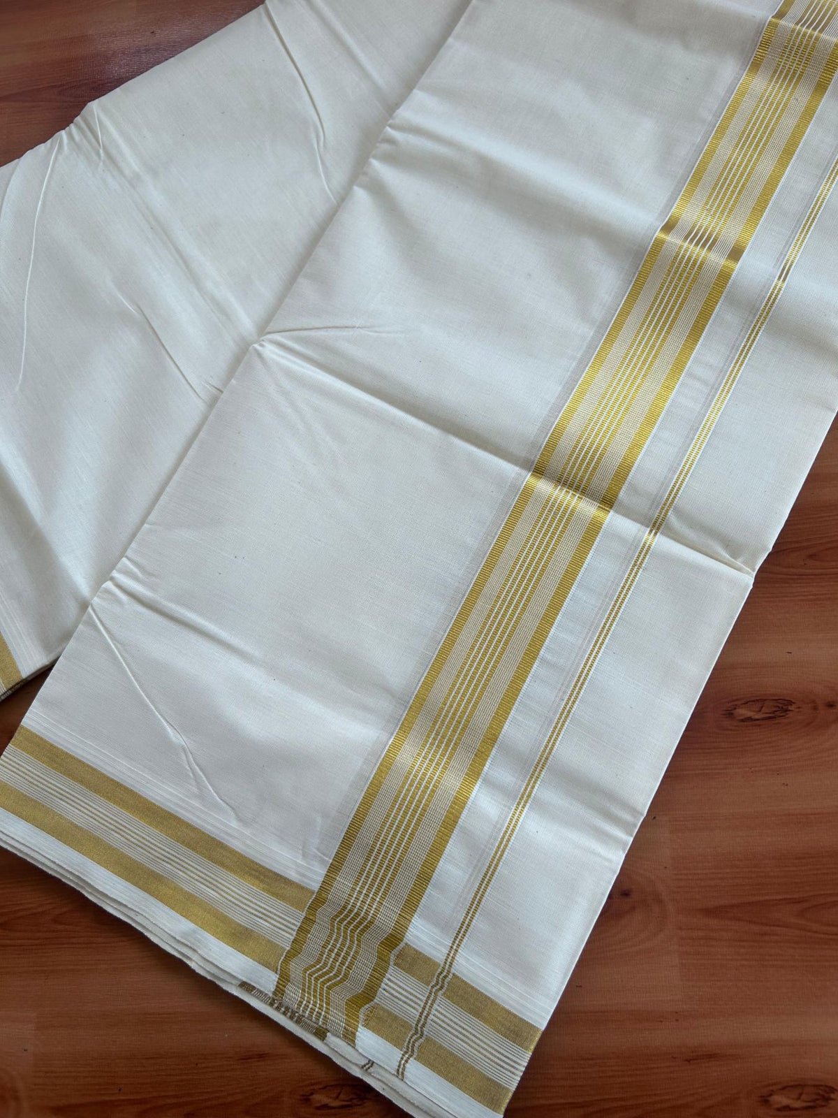 Off White (Unbleached) Double Mundu/Dhoti - 20% Discount ! KaithariKada - Mixed cotton - 80x72 - 1.5 inch Gold Kasav Striped Kara 4 mtr (8.5 muzham) - 2 KK5514 VIN