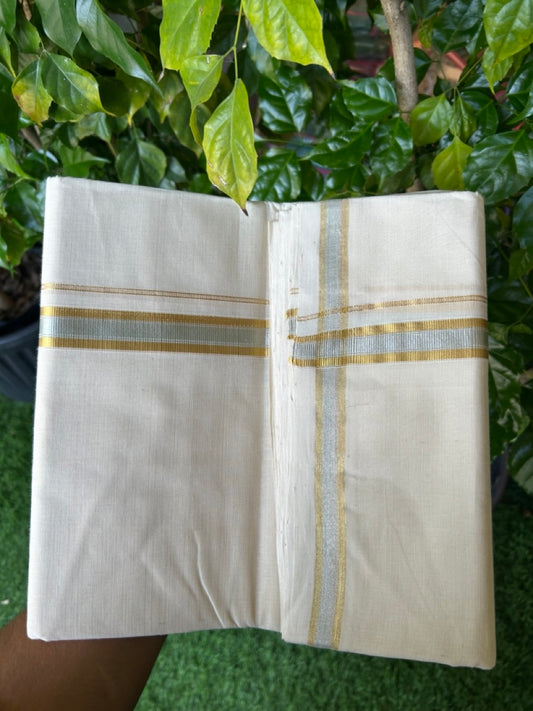 25% DISCOUNT ! KaithariKada HANDLOOM MILLPAAV Balaramapuram - 100% PURE Cotton Off White - (Unbleached) Double Mundu/Dhoti - 80X90 - 1 inch Gold Kasavu & Silver Kasavu Stripes Kara 4 mtr (8.5 muzham)- 16KK5234 RAM