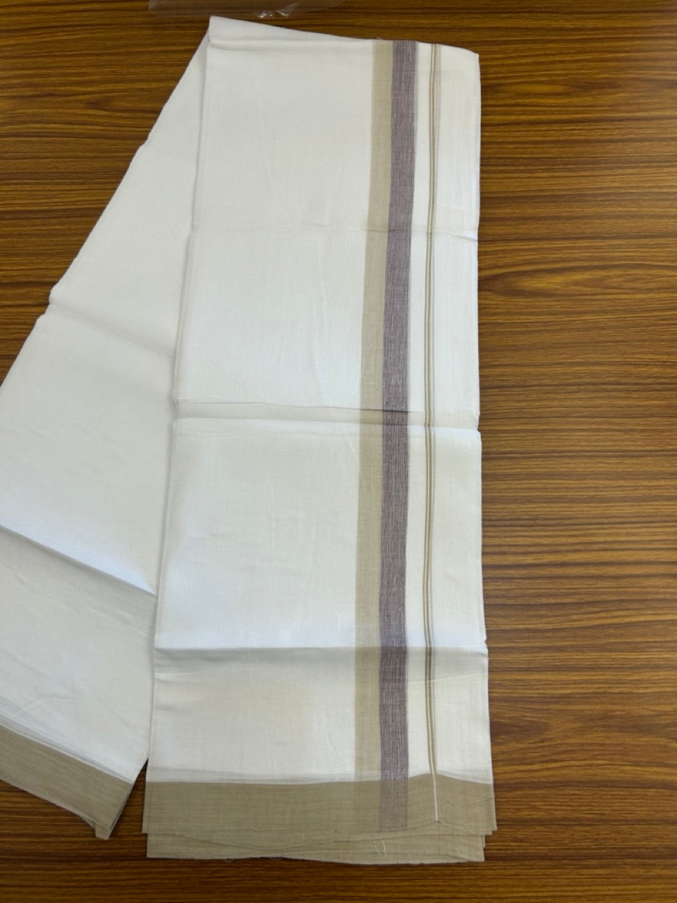 20% Discount ! Kaitharikada Balaramapuram 100% Cotton Pure White Double Mundu/Dothi - 60s - 1.5 inch Beige Brown & Wine Purple Shaded Kara 3.80 mtr (8 muzham) - 58 KK5299 THI