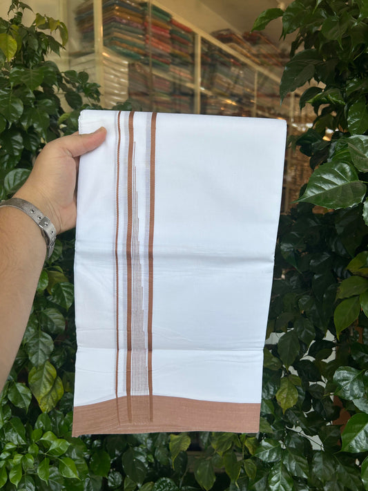 20% Discount ! Kaitharikada Balaramapuram 100% Pure Cotton Double Pure White Mundu/Dhoti - 100x80 - 1.25 inch Brown shaded striped chutty 3.90 mtr (8.5 muzham) - 112 KK5361 PMC