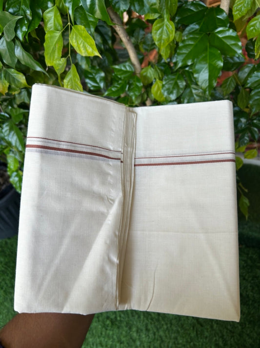 25% DISCOUNT! KaithariKada HANDLOOM Millpaav Balaramapuram - 100% PURE Cotton OFF WHITE (Unbleached) Double Mundu/Dhoti - 80X90 - 0.5 cm Chocolate Brown Kara 4 mtr (8.5 muzham) - 39KK5234 RAM