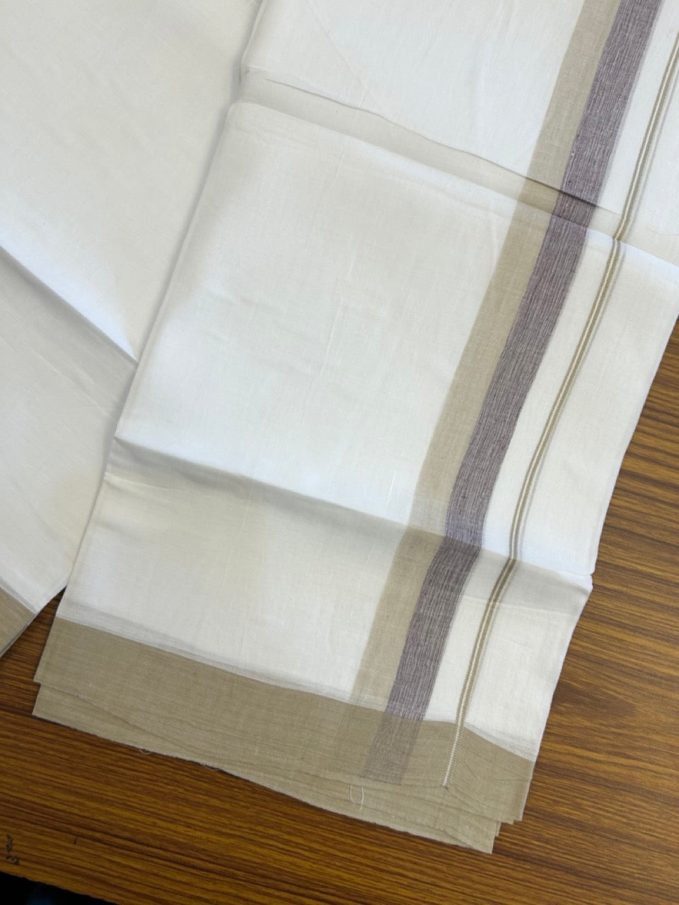 20% Discount ! Kaitharikada Balaramapuram 100% Cotton Pure White Double Mundu/Dothi - 60s - 1.5 inch Beige Brown & Wine Purple Shaded Kara 3.80 mtr (8 muzham) - 58 KK5299 THI