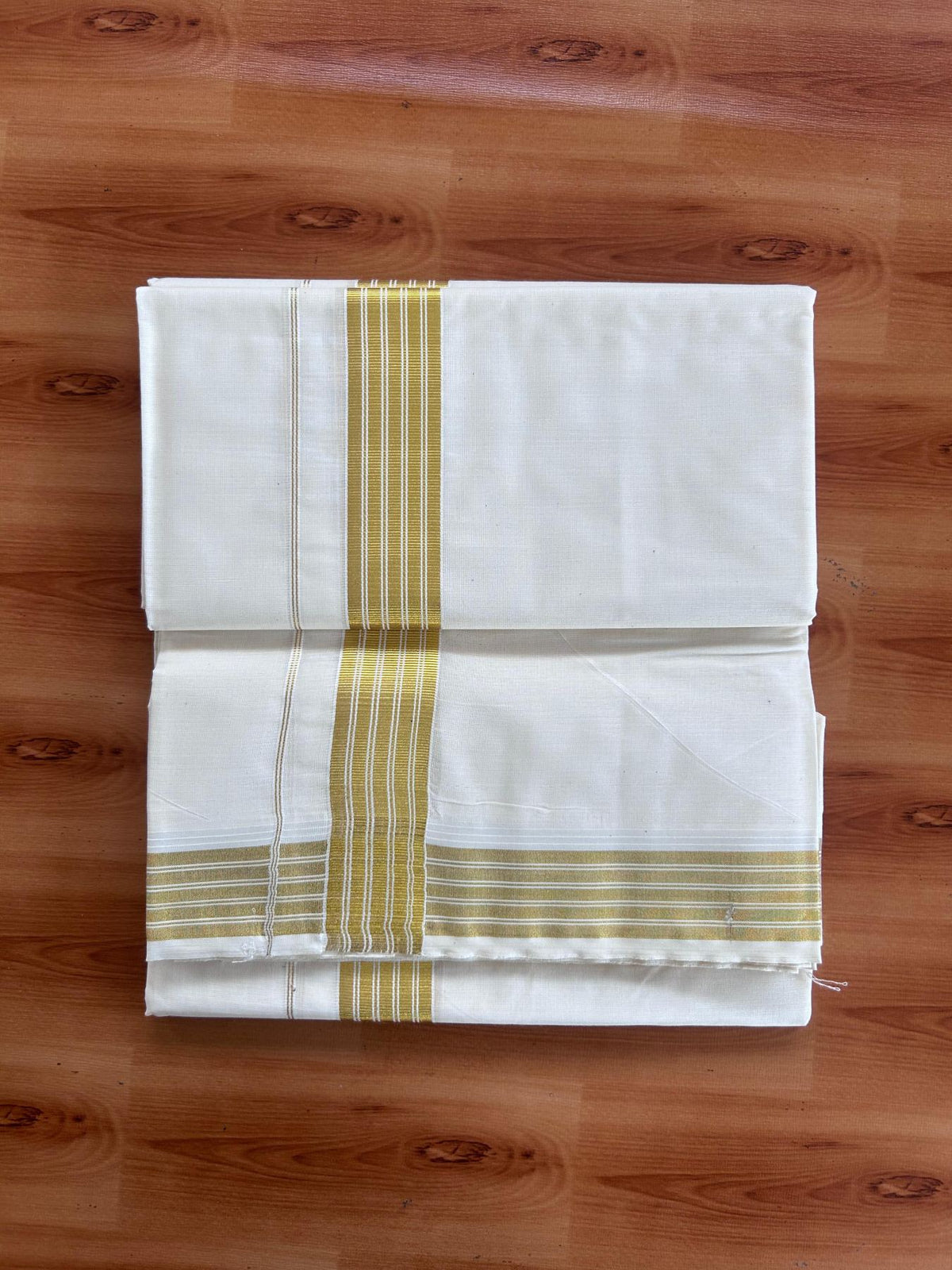 Off White (Unbleached) Double Mundu/Dhoti - 20% Discount ! KaithariKada - Pure cotton - 100x80 - 1.5 inch Gold Kasav Striped Kara 4 mtr (8.5 muzham) - 4 KK5514 VIN