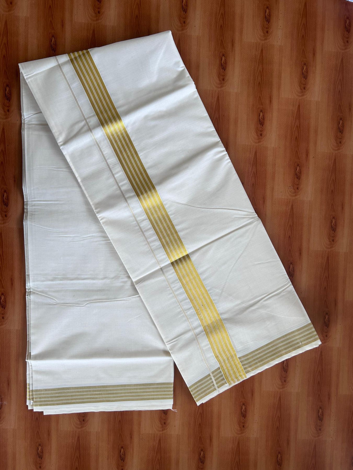 Off White (Unbleached) Double Mundu/Dhoti - 20% Discount ! KaithariKada - Pure cotton - 100x80 - 1.5 inch Gold Kasav Striped Kara 4 mtr (8.5 muzham) - 4 KK5514 VIN