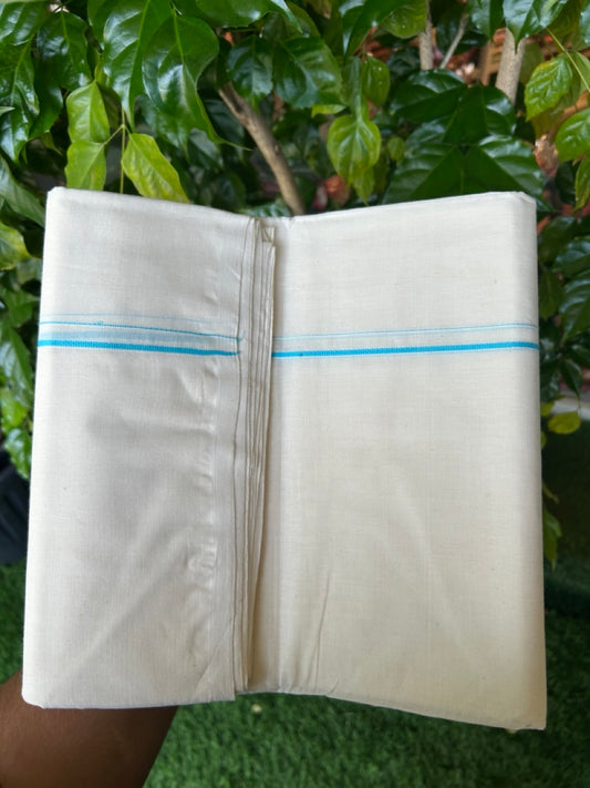 25% DISCOUNT! KaithariKada HANDLOOM Millpaav Balaramapuram - 100% PURE Cotton OFF WHITE (Unbleached) Double Mundu/Dhoti - 80X90 - 0.5 cm Electric Blue Kara 4 mtr (8.5 muzham) - 38KK5234 RAM