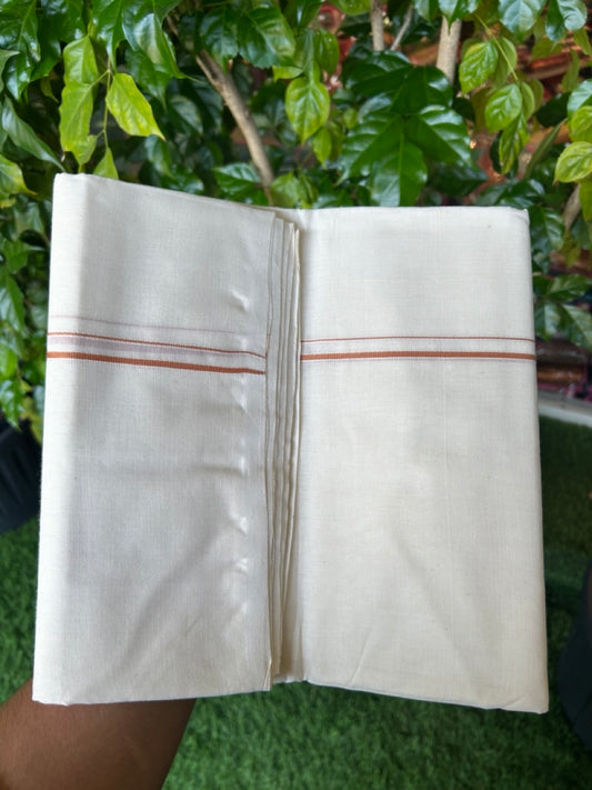 25% DISCOUNT! KaithariKada HANDLOOM Millpaav Balaramapuram - 100% PURE Cotton OFF WHITE (Unbleached) Double Mundu/Dhoti - 80X90 - 0.5 cm Cinnamon Brown Kara 4 mtr (8.5 muzham) - 35KK5234 RAM