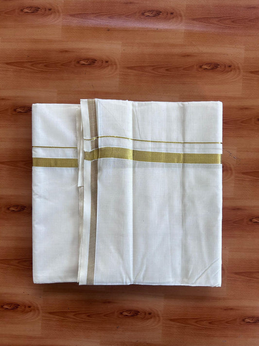 Off White (Unbleached) Double Mundu/Dhoti - 20% Discount ! KaithariKada - Mixed cotton - 80x72 - 0.5 inch Gold Kasav Kara 4 mtr (8.5 muzham) - 14 KK5514 VIN