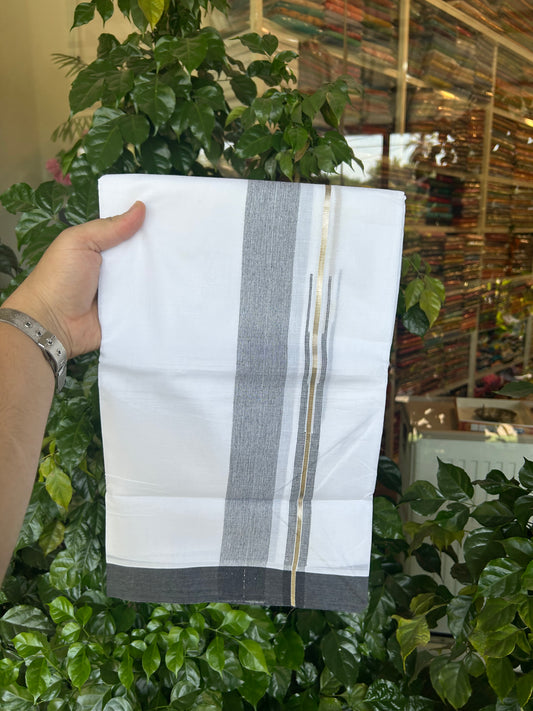 20% Discount ! Kaitharikada Balaramapuram 100% Pure Cotton Double Pure White Mundu/Dhoti - 100x80 - 1.5 inch Silver Kasav & Black Shaded Stripes Chutty 3.90 mtr (8 muzham) - 170 KK5361 PMC