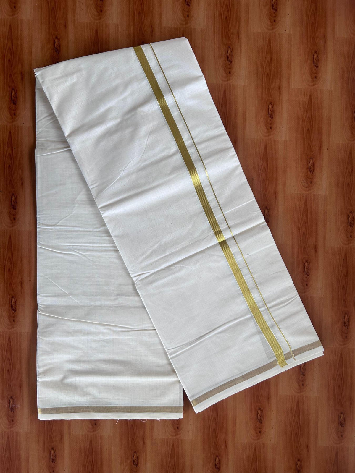 Off White (Unbleached) Double Mundu/Dhoti - 20% Discount ! KaithariKada - Mixed cotton - 80x72 - 0.5 inch Gold Kasav Kara 4 mtr (8.5 muzham) - 14 KK5514 VIN