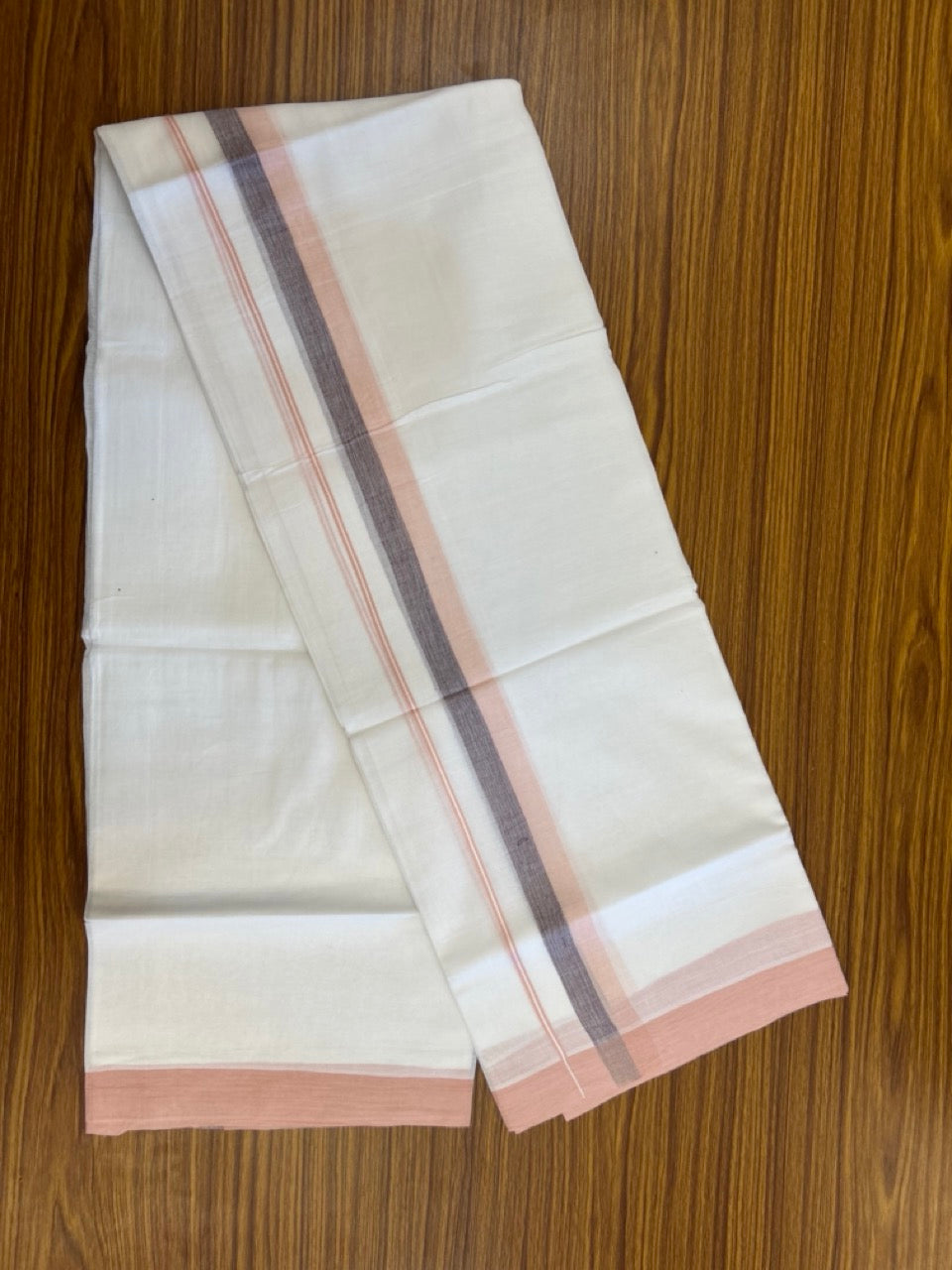 20% Discount ! Kaitharikada Balaramapuram 100% Cotton Pure White Double Mundu/Dothi - 60s - 1.5 inch Wine Purple & Light Peach Kara 3.80 mtr (8 muzham) - 46 KK5299 THI