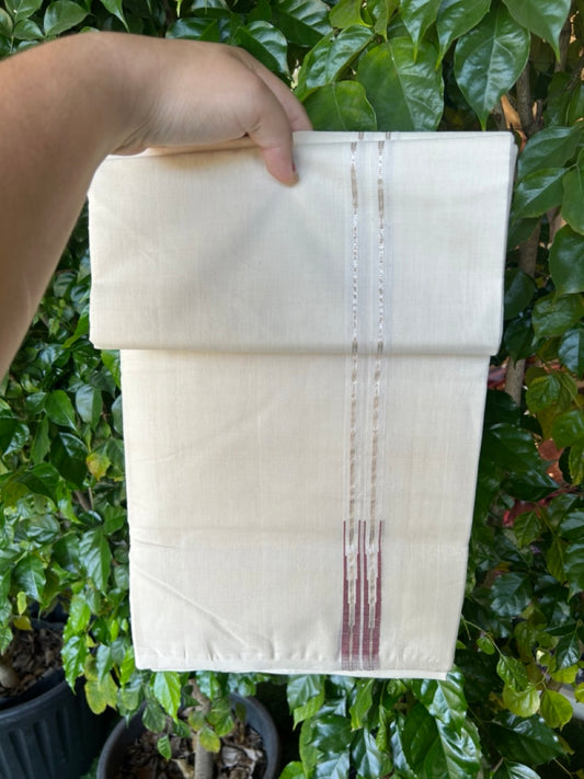 25% DISCOUNT!! KaithariKada HANDLOOM Millpaav Balaramapuram - 100% PURE Cotton OFF WHITE (Unbleached) Double Mundu/Dhoti -1.5 inch Silver kasav Puliyilakkara Maroon Double Chutty -  33KK5234 RAM