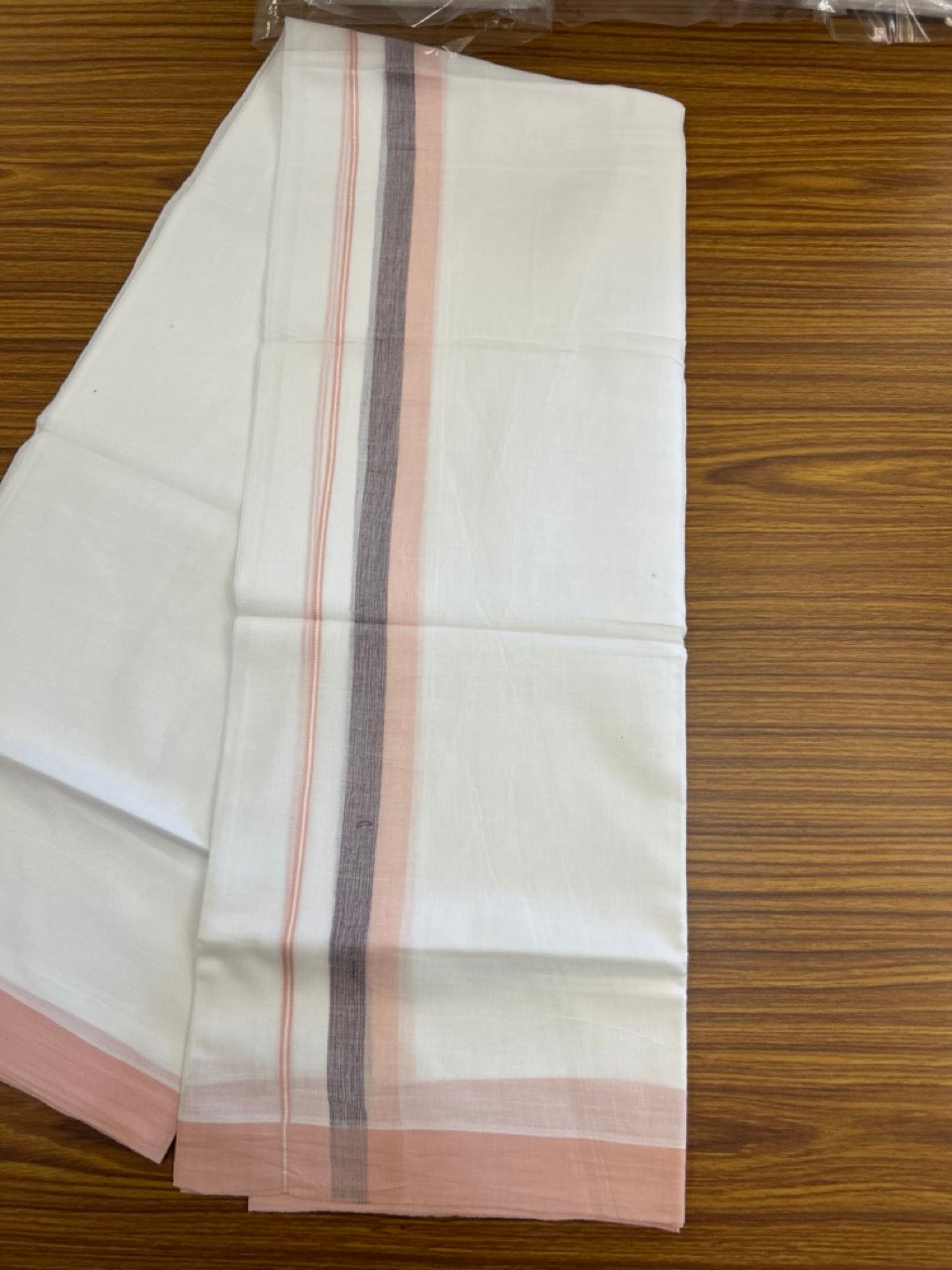 20% Discount ! Kaitharikada Balaramapuram 100% Cotton Pure White Double Mundu/Dothi - 60s - 1.5 inch Wine Purple & Light Peach Kara 3.80 mtr (8 muzham) - 46 KK5299 THI