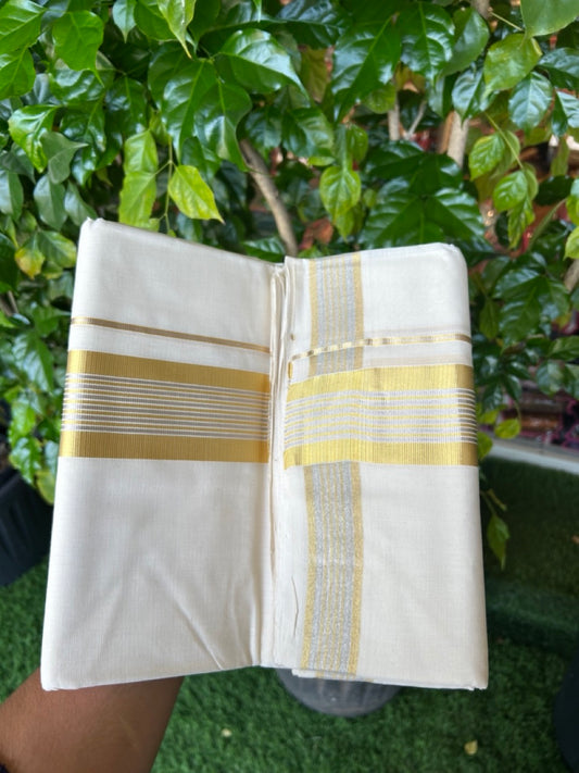 25% DISCOUNT ! KaithariKada HANDLOOM MILLPAAV Balaramapuram - 100% PURE Cotton Off White - (Unbleached) Double Mundu/Dhoti - 80X90 - 2.25 inch Gold Kasavu & Silver Kasavu Stripes Kara 4 mtr (8.5 muzham)- 28KK5234 RAM