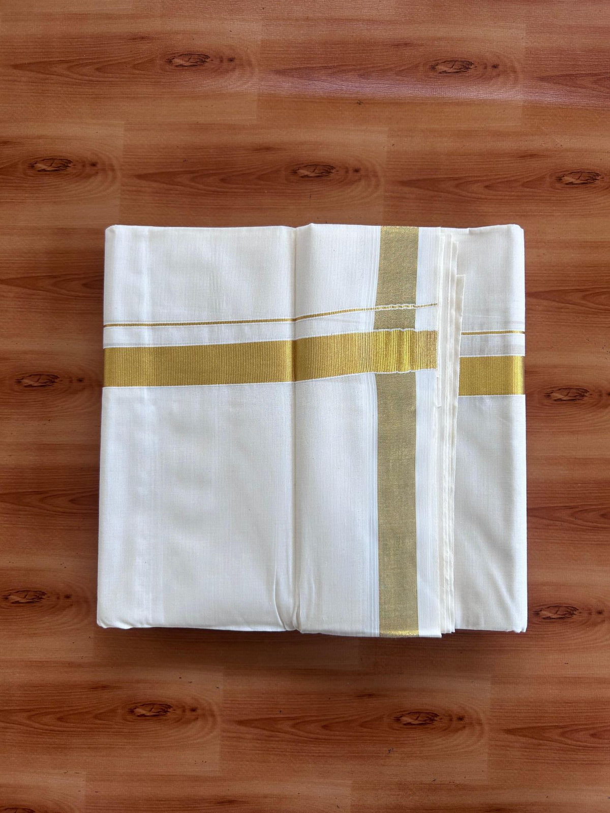 Off White (Unbleached) Double Mundu/Dhoti - 20% Discount ! KaithariKada - Mixed cotton - 80x72 - 1 inch Gold Kasav Kara 4 mtr (8.5 muzham) - 13 KK5514 VIN
