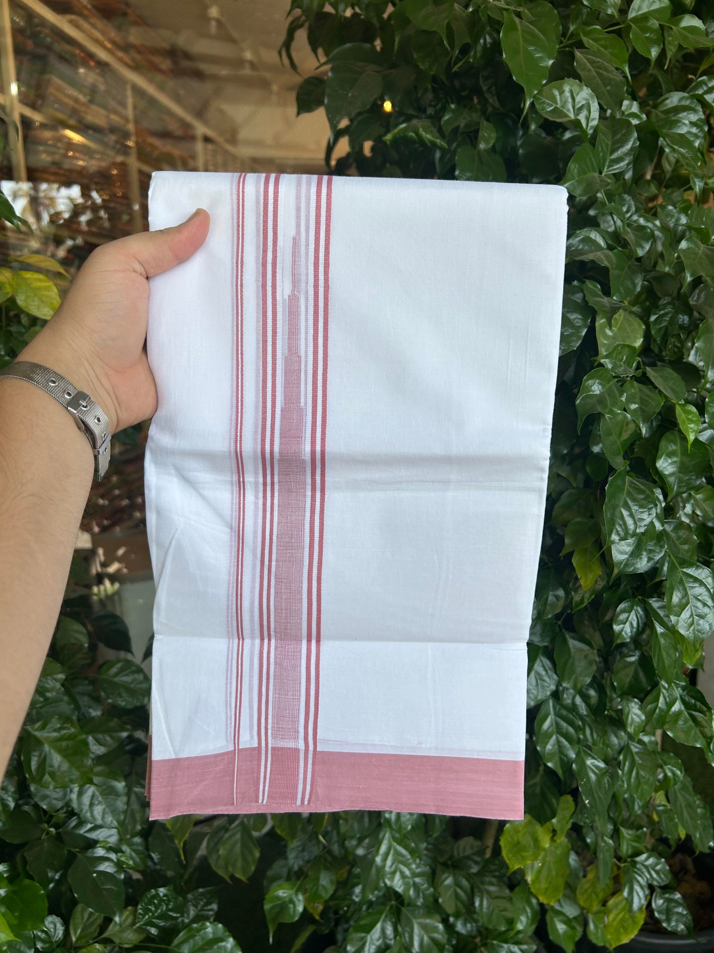 20% Discount ! Kaitharikada Balaramapuram 100% Pure Cotton Double Pure White Mundu/Dhoti - 100x80 - 1.5 inch Dusty Pink striped Temple chutty 3.90 mtr (8.5 muzham) - 101 KK5361 PMC