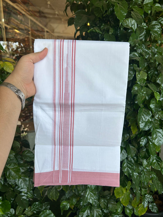 20% Discount ! Kaitharikada Balaramapuram 100% Pure Cotton Double Pure White Mundu/Dhoti - 100x80 - 1.5 inch Dusty Pink striped Temple chutty 3.90 mtr (8.5 muzham) - 101 KK5361 PMC