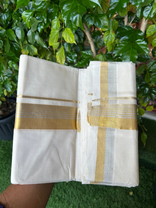 25% DISCOUNT ! KaithariKada HANDLOOM MILLPAAV Balaramapuram - 100% PURE Cotton Off White - (Unbleached) Double Mundu/Dhoti - 80X90 - 2 inch Gold Kasavu & Silver Kasavu Stripes Kara 4 mtr (8.5 muzham)- 29KK5234 RAM
