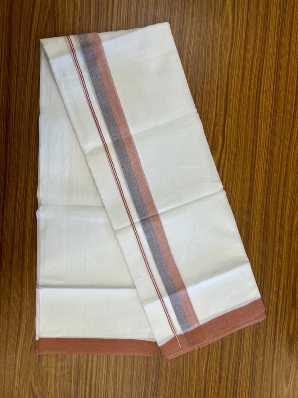 20% Discount ! Kaitharikada Balaramapuram 100% Cotton Pure White Double Mundu/Dothi - 60s - 1.5 inch Violet & Burnt Orange Shaded Kara 3.80 mtr (8 muzham) - 57 KK5299 THI