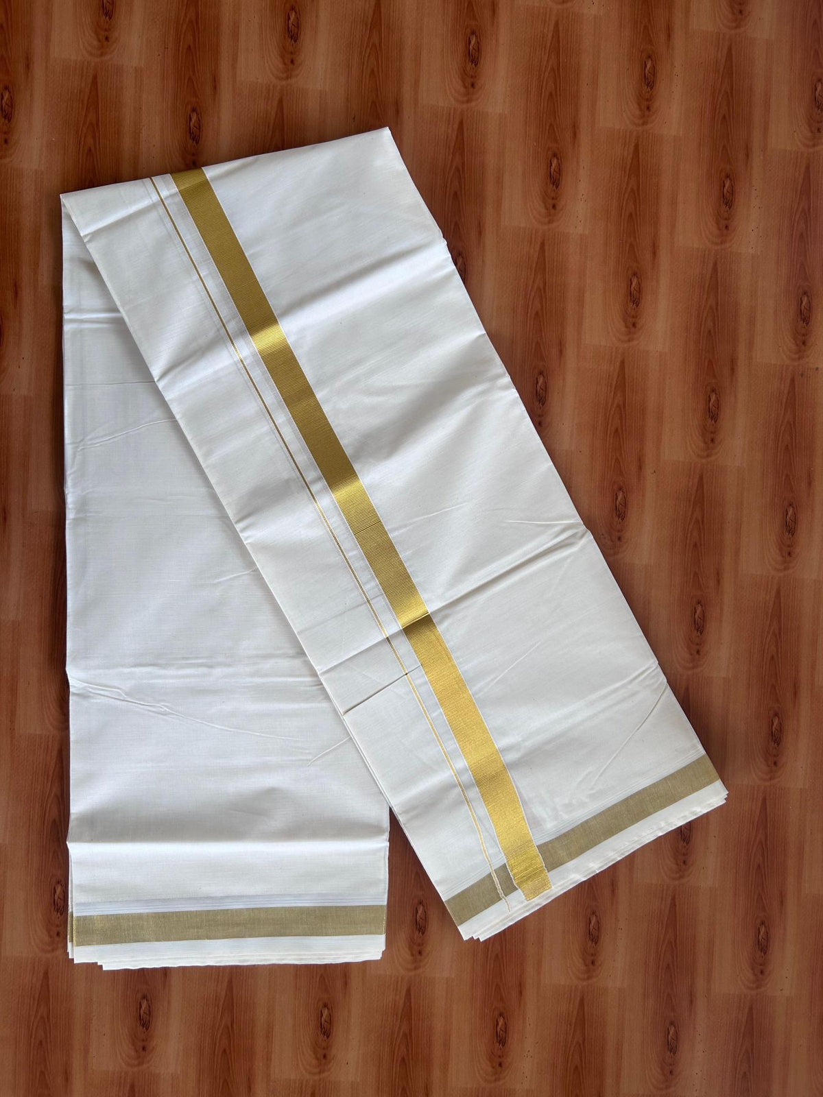 Off White (Unbleached) Double Mundu/Dhoti - 20% Discount ! KaithariKada - Mixed cotton - 80x72 - 1 inch Gold Kasav Kara 4 mtr (8.5 muzham) - 13 KK5514 VIN