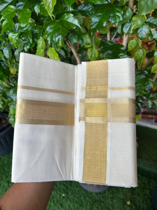 25% DISCOUNT ! KaithariKada HANDLOOM UNAKKUPAAV Balaramapuram - 100% PURE Cotton OFF WHITE (Unbleached) Double Mundu/Dhoti - 80x90 - 2 inch Gold Kasavu Striped Design Kara 4mtr (8.5 muzham) - 24KK5234 RAM