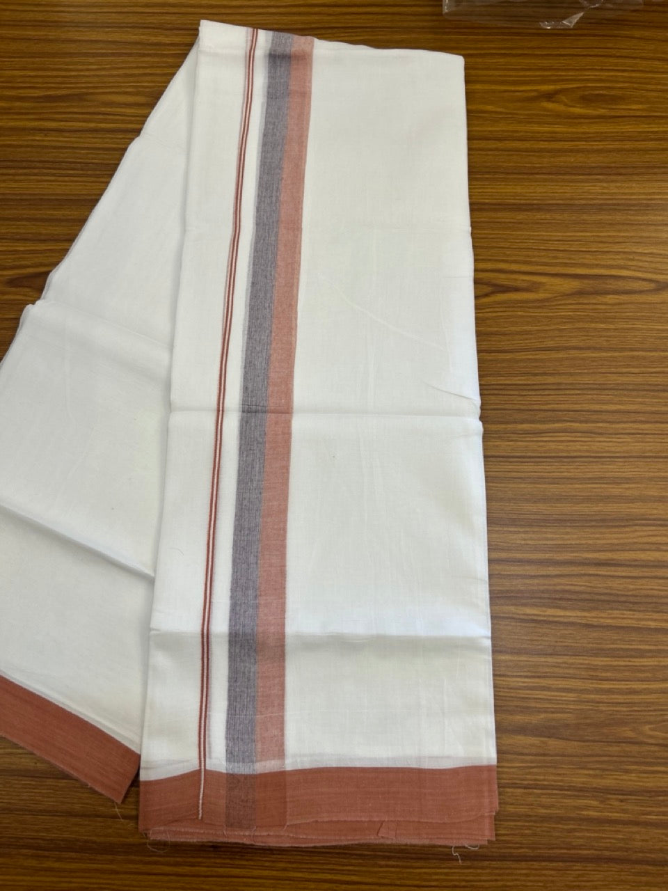 20% Discount ! Kaitharikada Balaramapuram 100% Cotton Pure White Double Mundu/Dothi - 60s - 1.5 inch Violet & Burnt Orange Shaded Kara 3.80 mtr (8 muzham) - 57 KK5299 THI