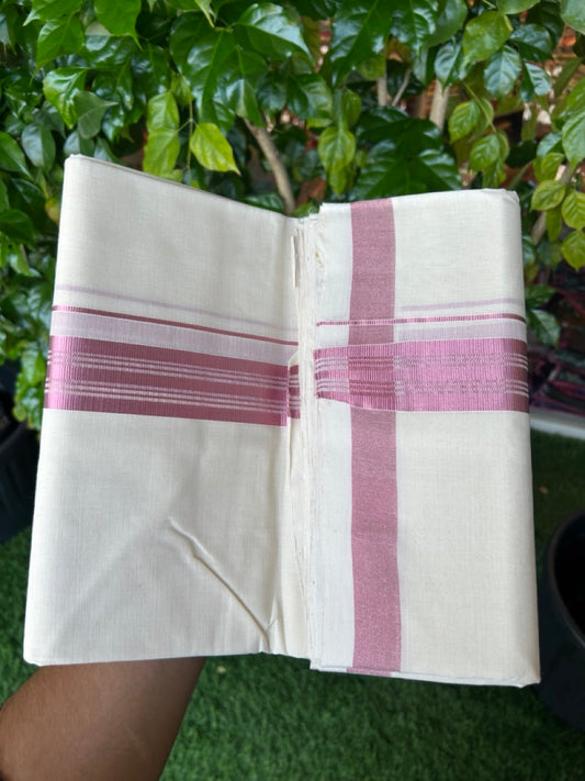 25% Discount! KaithariKada HANDLOOM MILLPAAV Balaramapuram - 100% PURE Cotton OFF White (Unbleached) Double Mundu/Dothi -80x90 - 1.5 inch ROSE PINK Kasav Striped kara 4 mtr (8.5 muzham) - 26KK5234 RAM