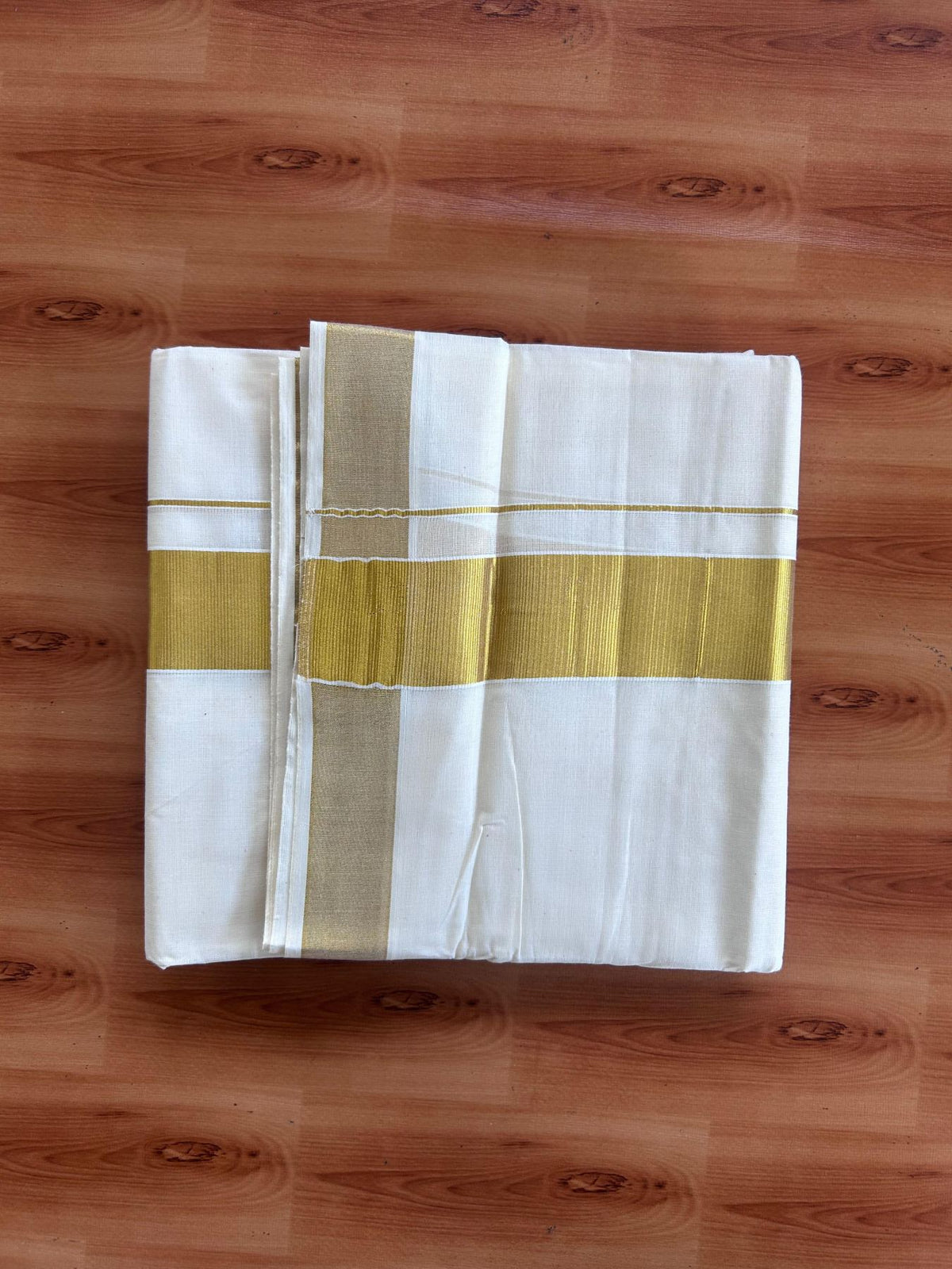 Off White (Unbleached) Double Mundu/Dhoti - 20% Discount ! KaithariKada - Mixed cotton - 80x72 - 1.75 inch Gold Kasav Kara 4 mtr (8.5 muzham) - 12 KK5514 VIN
