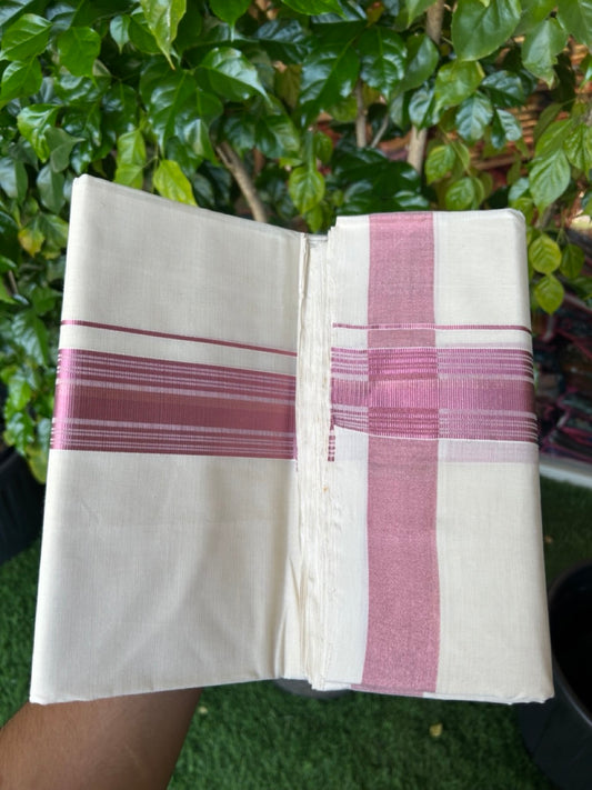 25% DISCOUNT!! KaithariKada HANDLOOM MILLPAAV Balaramapuram - 100% PURE Cotton OFF White (Unbleached) Double Mundu/Dothi -80x90 - 2 inch ROSE PINK Kasav Striped kara 4 mtr (8.5 muzham) - 27KK5234 RAM