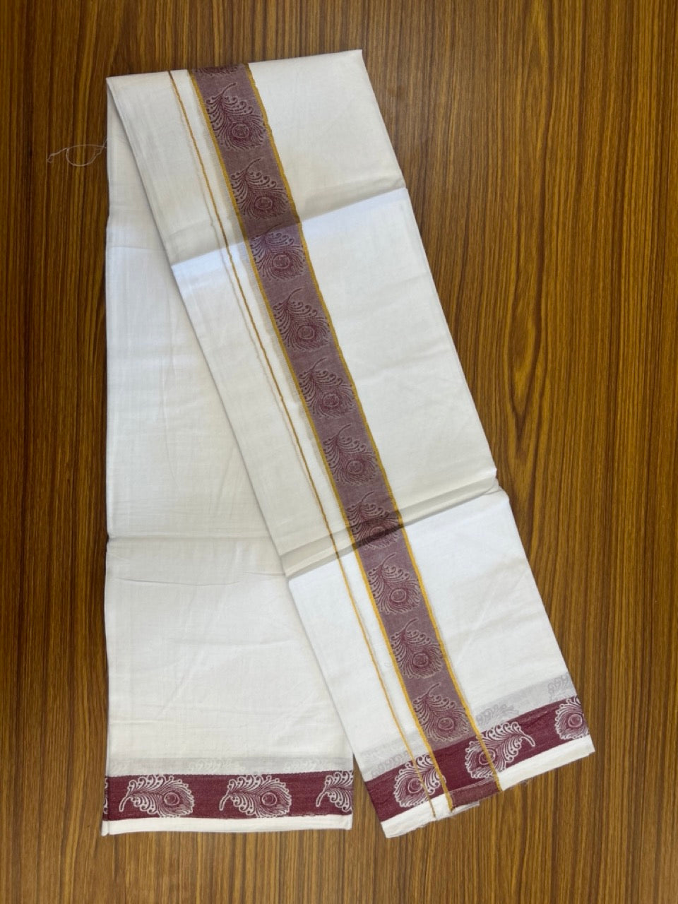 20% Discount ! Kaitharikada Balaramapuram 100% Pure Cotton Double Pure White Mundu/Dothi - 100x100 - 1.75 inch Gold Kasav Maroon Feather Design jacquard Kara 3.80 mtr (8 muzham) - 66 KK5299 THI