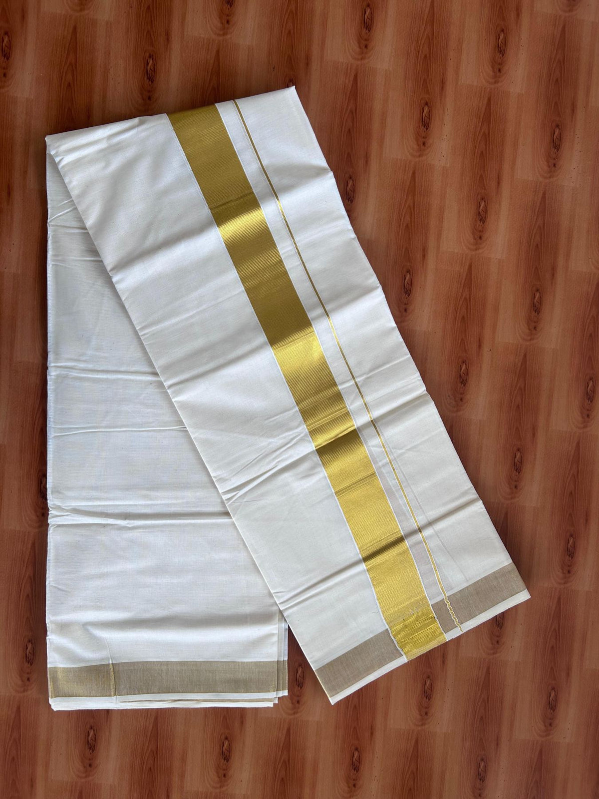 Off White (Unbleached) Double Mundu/Dhoti - 20% Discount ! KaithariKada - Mixed cotton - 80x72 - 1.75 inch Gold Kasav Kara 4 mtr (8.5 muzham) - 12 KK5514 VIN